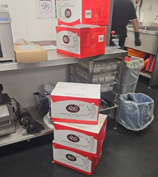 Fishmonger London 40 Frozen Prawns boxes in a kitchen at a restaurant